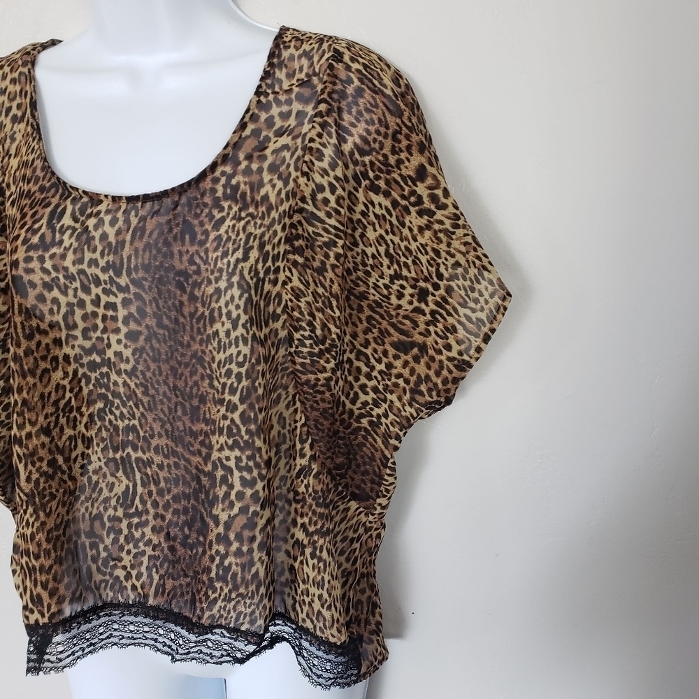Black Poppy XL Brown Black Leopard Print Blouse Chiffon Lace Trim Batwing Top